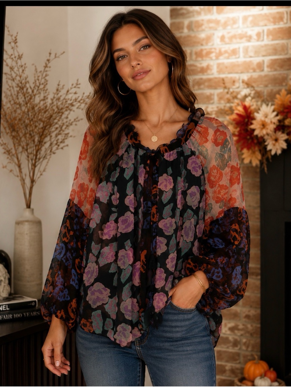 EUC JODIFL Medium Black Sheer Sleeve Floral Peasant Blouse (780677) 🍂 🌼